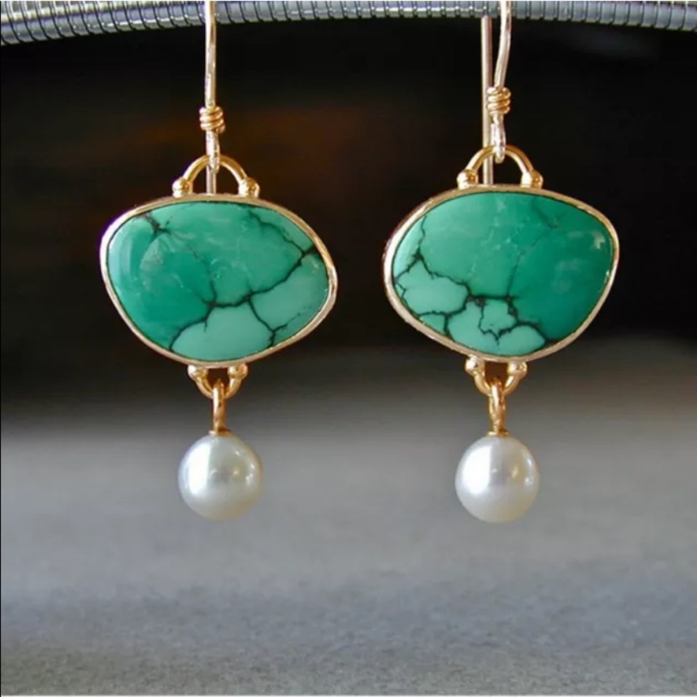 18kt gold plated drop earrings turquoise with pear drop. jewelry a hanging loop - Picture 2 of 11
